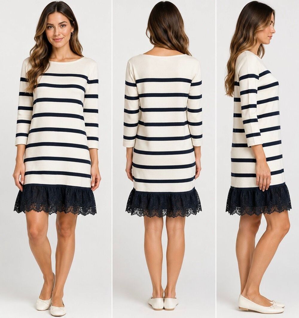 RED Valentino Striped Cotton Lace Ruffle Hem Dress Navy Ivory M